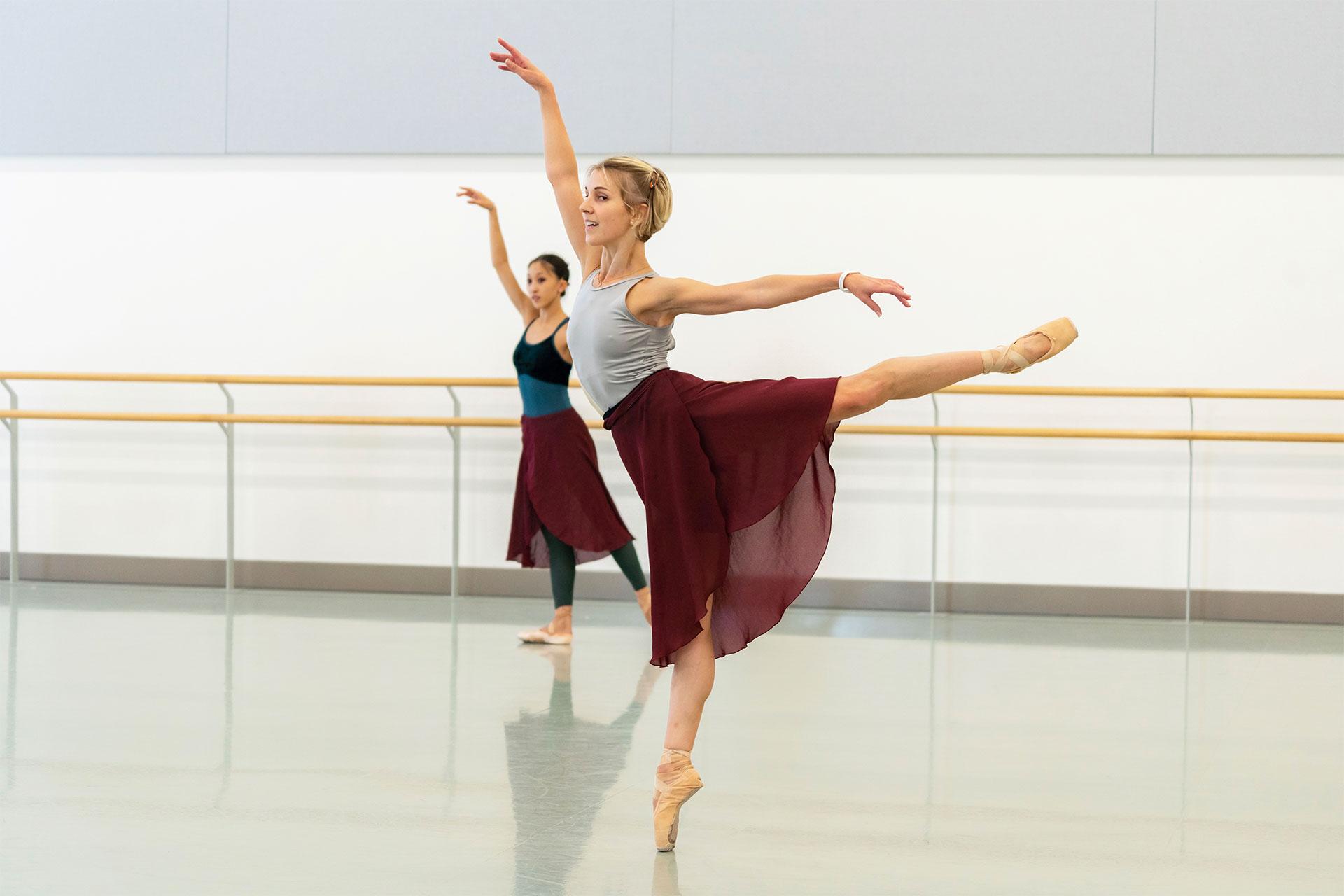 Antoinette Brooks-Daw is arabesque in Cinderella rehearsals. Photo Riku Ito