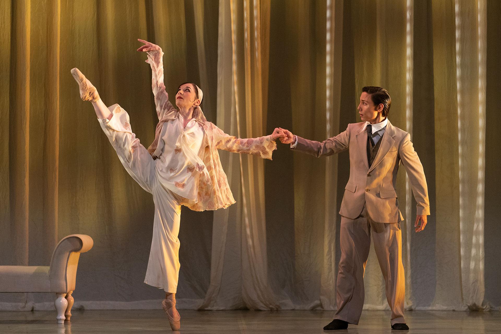 Pippa Moore as Jordan with Kevin Poeung as Nick in The Great Gatsby. Photo Emma Kauldhar.