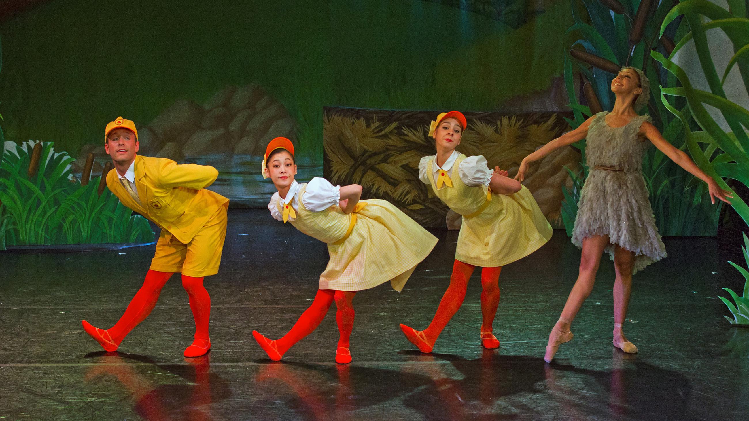 A photo of Northern Ballet dancers Isabella Gasparini, Ben Mitchell, Teresa Saavedra Bordes & Ayana Kanda in Ugly Duckling, a ballet for children by Dreda Blow and Sebastian Loe. Photo Martin Bell, 2012.