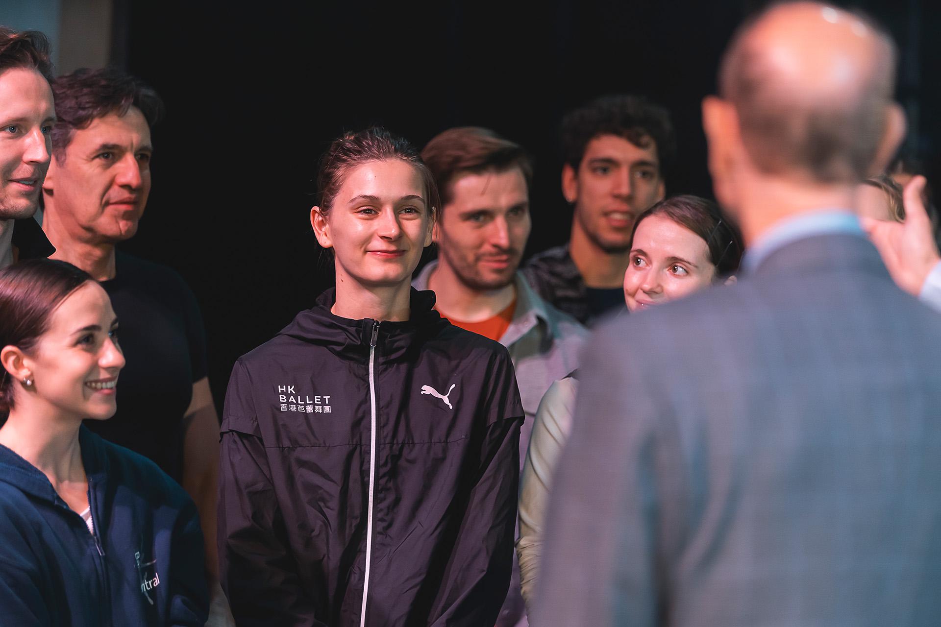 HRH Prince Edward meeting members of Northern Ballet on stage at Woking New Victoria Theatre.