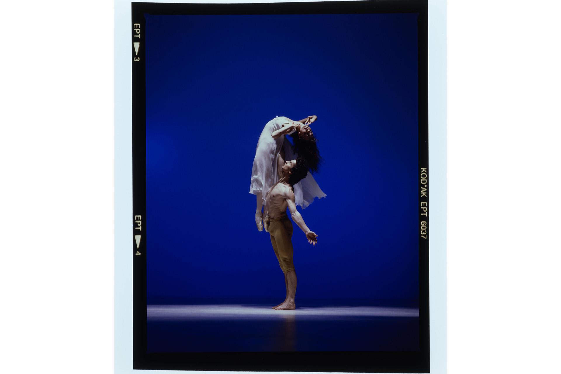 Two dancers stood in a classical pose, the male dancer lifting the ballerina