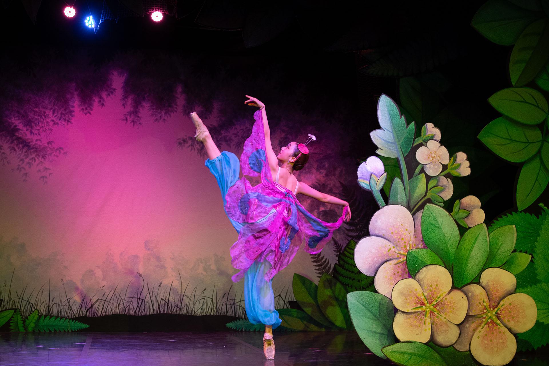 Female dancer, dressed as a butterfly in magenta and cyan, stands one foot en pointe and the other leg raised straight up