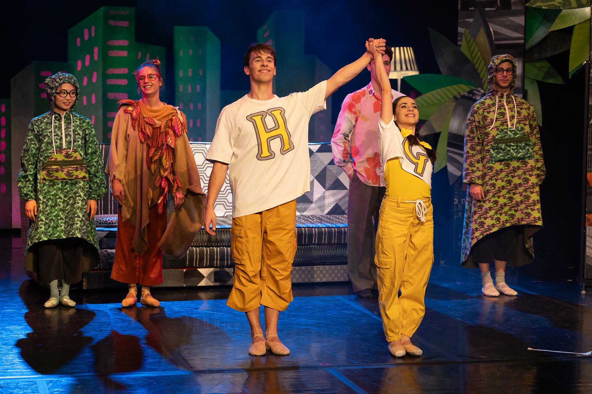 Hansel, Gretel, the Lady of the Forest and the Bird Watchers show Dad their potted plants.