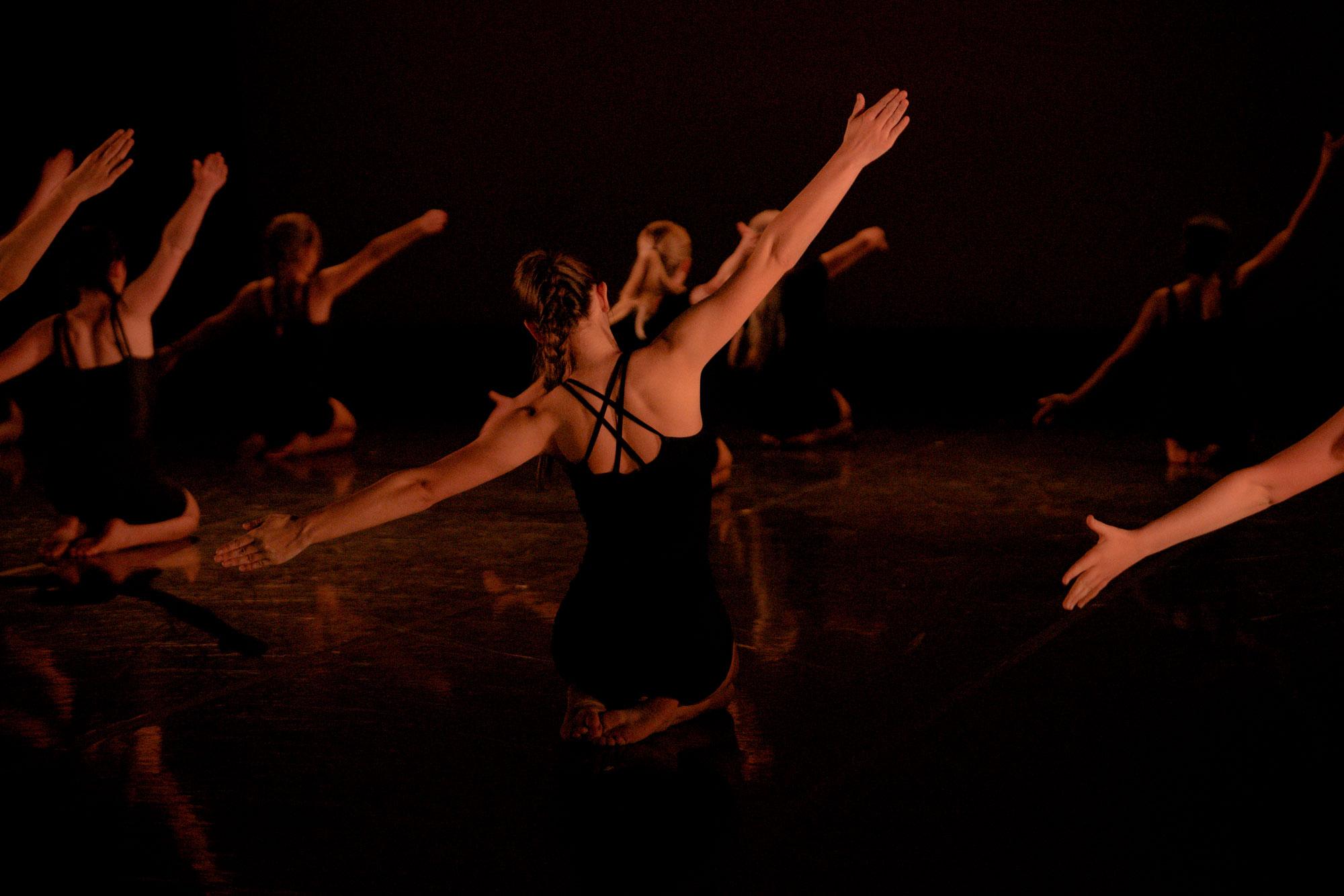 Dancers stood with arms outstretched facing away from the camera.