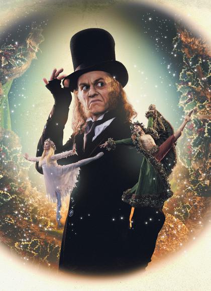 Poster image of A Christmas Carol with Scrooge in his top hat looking mean and in front of him the ghosts of Christmas past and present.
