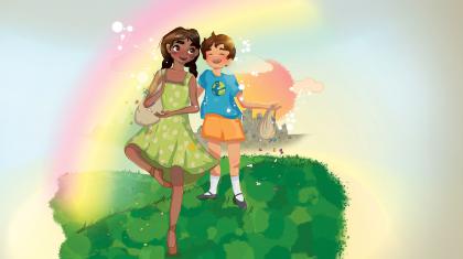 Illustration of a black dancer in a green dress en pointe and smiling, a small child in a blue T-shirt and orange shorts laughs next to her